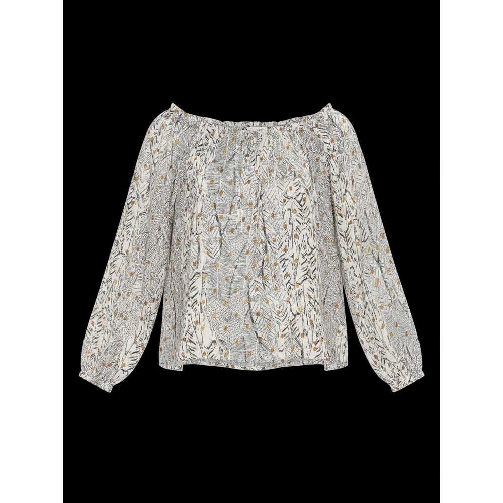 Lovestitch Metallic Gold Polka Dot Feather Print Off Shoulder Blouse Grey SM NWT